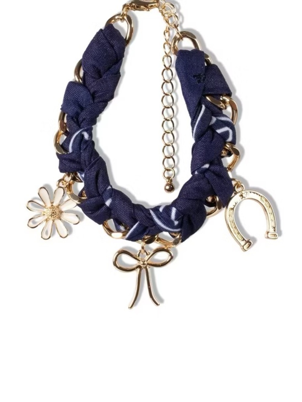 Gold-Tone Navy Braided Charm Bracelet with Bow, Daisy & Horseshoe